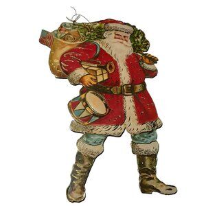 VTG Old World Santa Bugle Drum USA Flag Cardboard Cut Out Ornament Gold Lined 8"